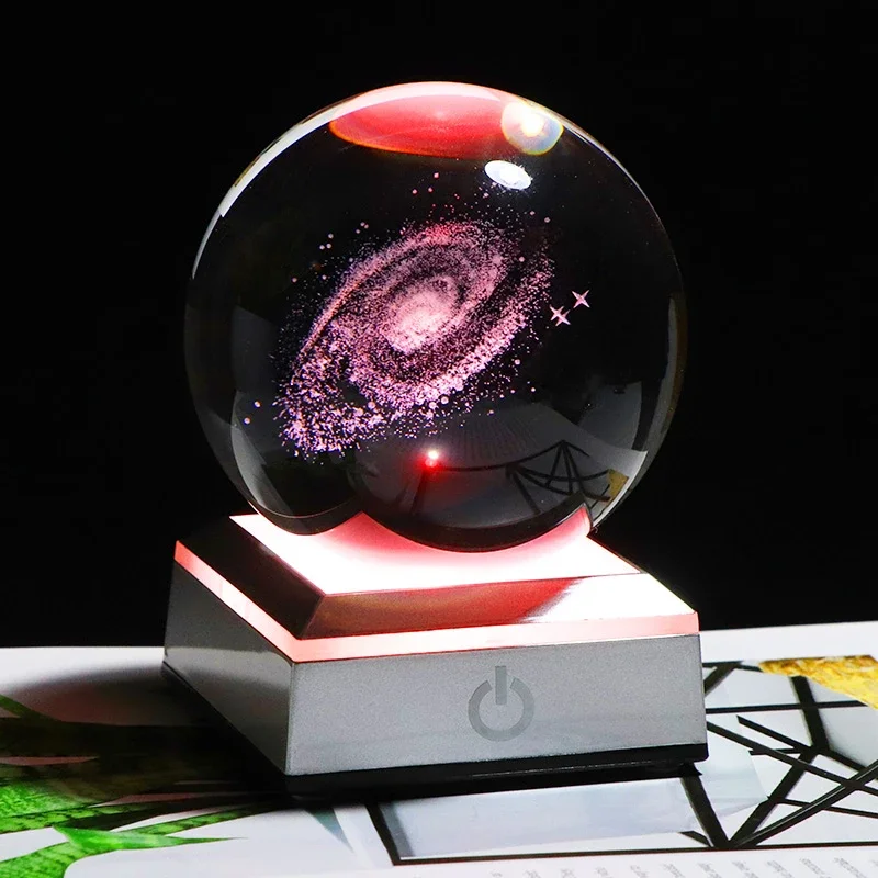 3D Solar System K9 Crystsal Ball Laser Engraved Planets Cosmic Model Glass Sphere Touch Switch LED Light Base Astronomy Gift