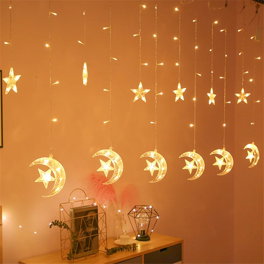 Creative 8 Modes LED Moon Star Curtain Light 220V EU Plug Christmas Garland Fairy String Lights for Party Wedding New Year Decor