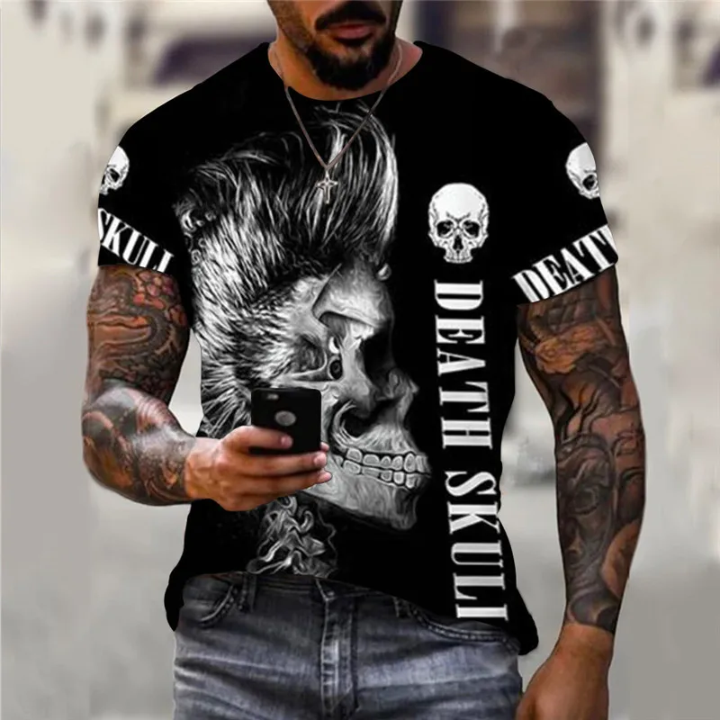 Horror Skulls 3D Fashion Printed Men T-Shirts Short Sleeve Death Skull Letter Gothic T Shirt 6XL Plus Size Loose Casual Tops Tee