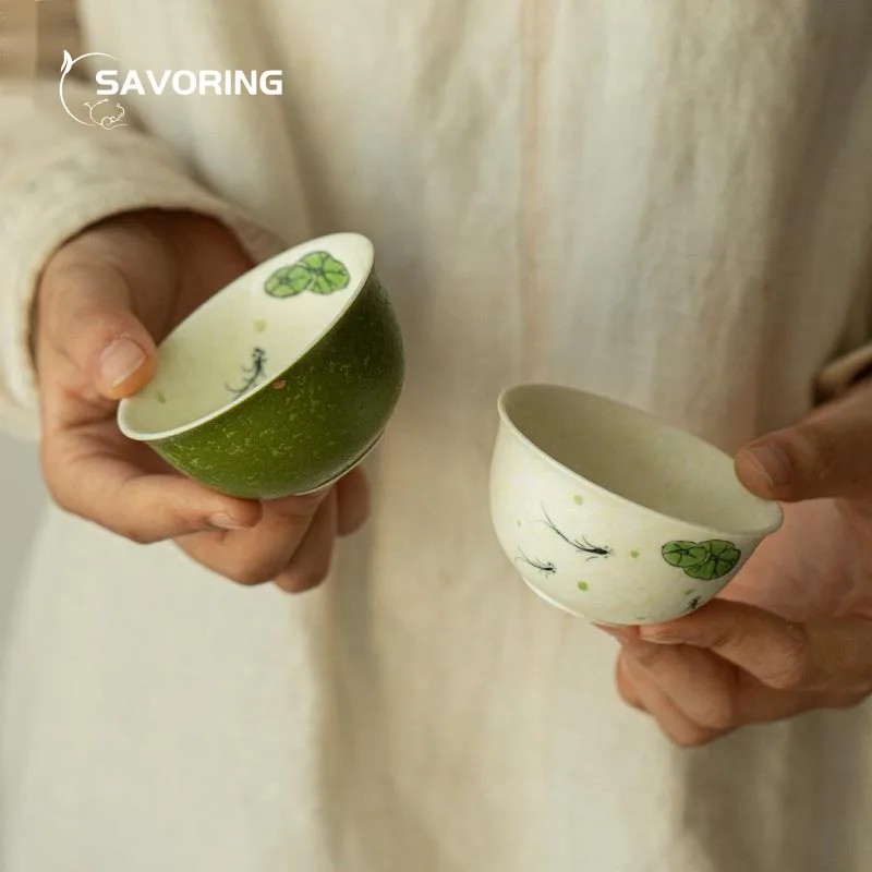 Hand Painted Green Tea Cup Dripping Gold Ceramic Cups Home Aesthetic Pair Kung Fu Tea Set Tasting Cup Teacups Unusual Puera Bowl