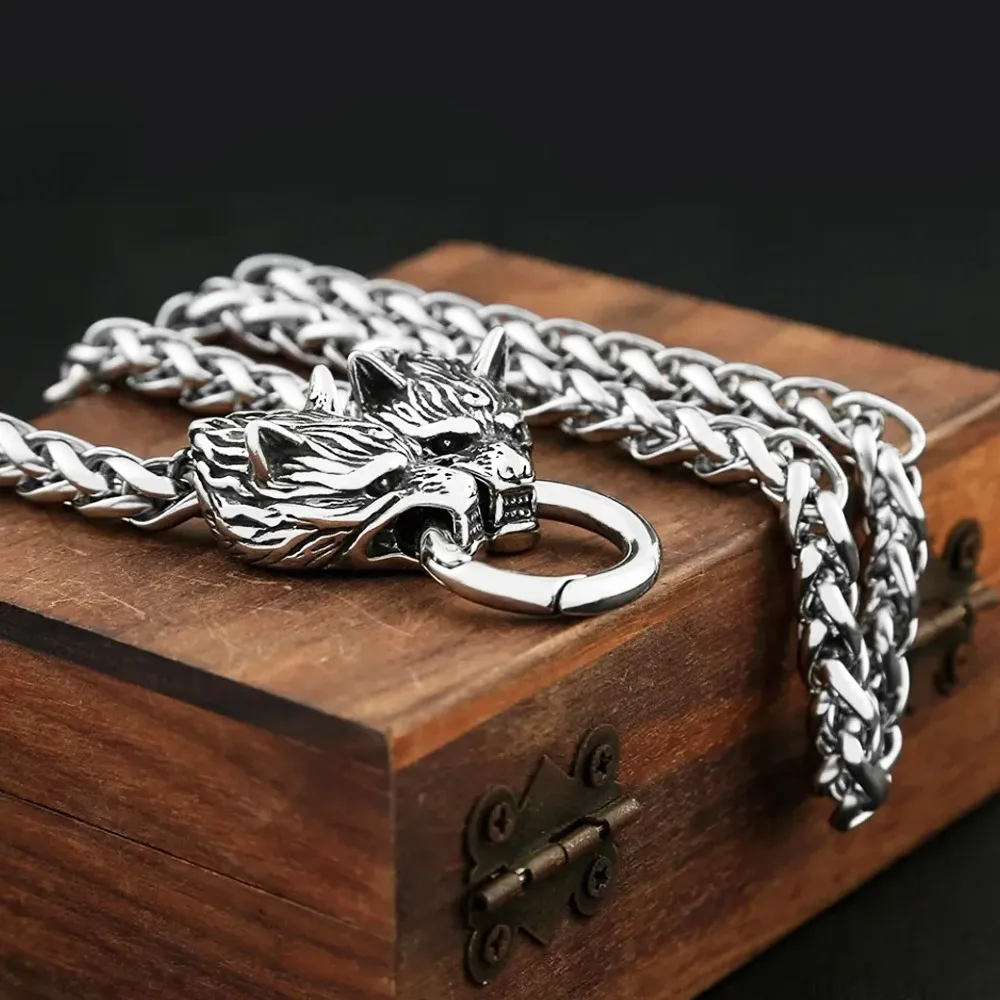 Norse Punk Dual Wolf Head Raven Head Stainless Steel  Dragon Bone Chain Necklace 50/60/70cm Animal Chain For Men Fashion Jewelry