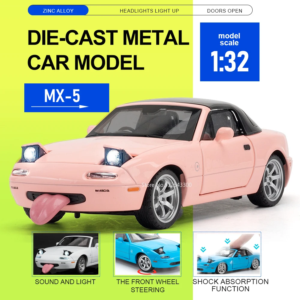 

Масштабная модель автомобиля 1:32 MX5 RX7, игрушечная машинка с открывающимися дверями, откатным механизмом, звуком, светом и резиновыми шинами, для хобби и коллекций, для парня