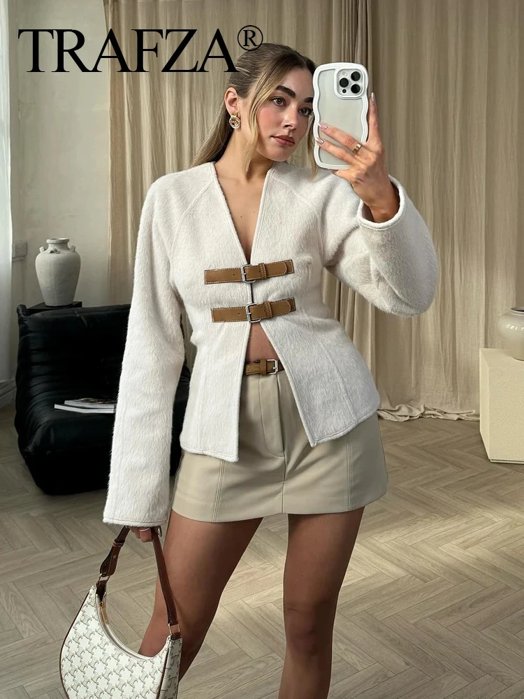 TRAFZA 2024Female Autumn Fashion Casual Coats Long Sleeves Belt Decoration Cardigan Solid V-Neck Slim 2-Colors Elegant Retro Top