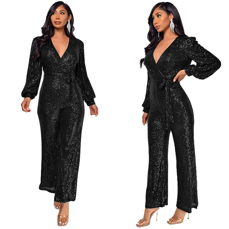 Hot Sale Sexy Long Sleeve V-Neck Luxury Sequin jumpsuit for women party Wide Leg jumpsuits 2023