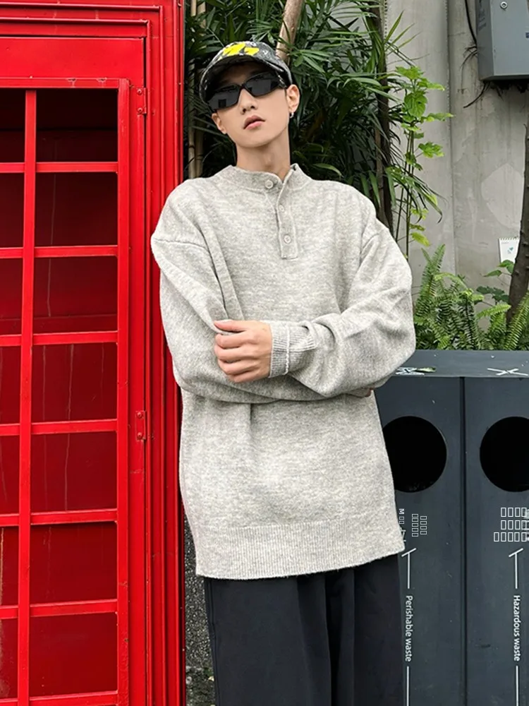 

Мужской вязаный свитер свободного кроя с воротником хенли, серый, с цветочным узором, осенне-зимний, повседневный стиль, американский кэжуал, с длинным рукавом, круглый вырез горловины