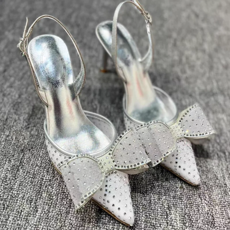 

Fashion New Air Mesh Baotou Sandals Women's High Heels Fine Heels Diamond Bow Mesh Pointed Shallow Slingback Single Shoes Women