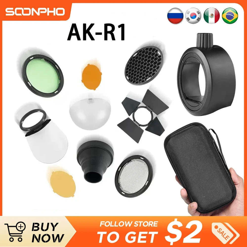 AK-R1 Kit + S-R1 Barn Door, Snoot, Color Filter, Reflector, Honeycomb, Diffuser Ball Kits for Godox AD200 H200R V1 Flash Head