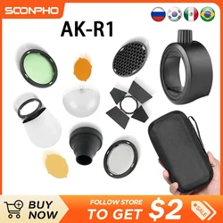 AK-R1 Kit + S-R1 Barn Door, Snoot, Color Filter, Reflector, Honeycomb, Diffuser Ball Kits for Godox AD200 H200R V1 Flash Head