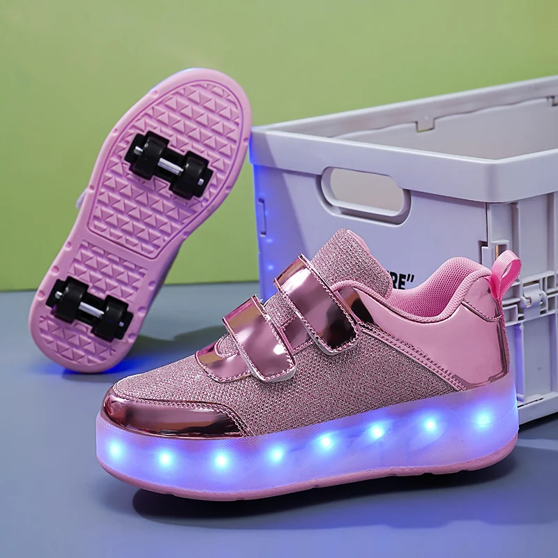 Black Gold Outdoor Sneakers Sports Roller Skating Shoes For Kids Flashing Four-wheel Boys Girls Shoes Led Light Middle Big Kids