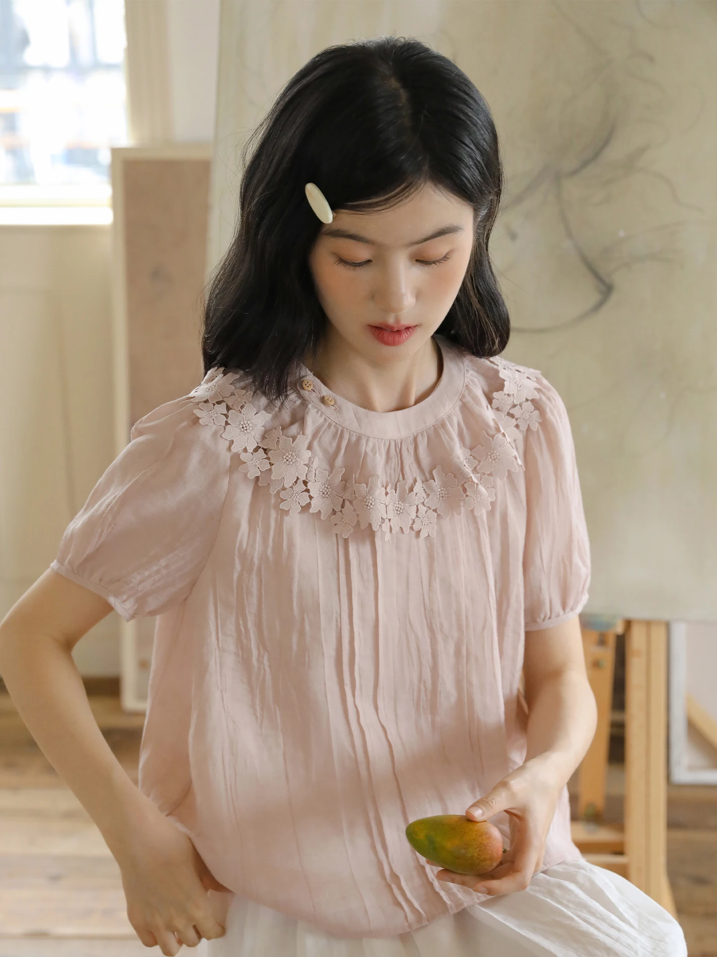 

Женская блузка Nesoulum Soft Mist Pink с отстегивающимся кружевным воротником, летняя, винтажная, из льняного шелка, свободного кроя, с коротким рукавом