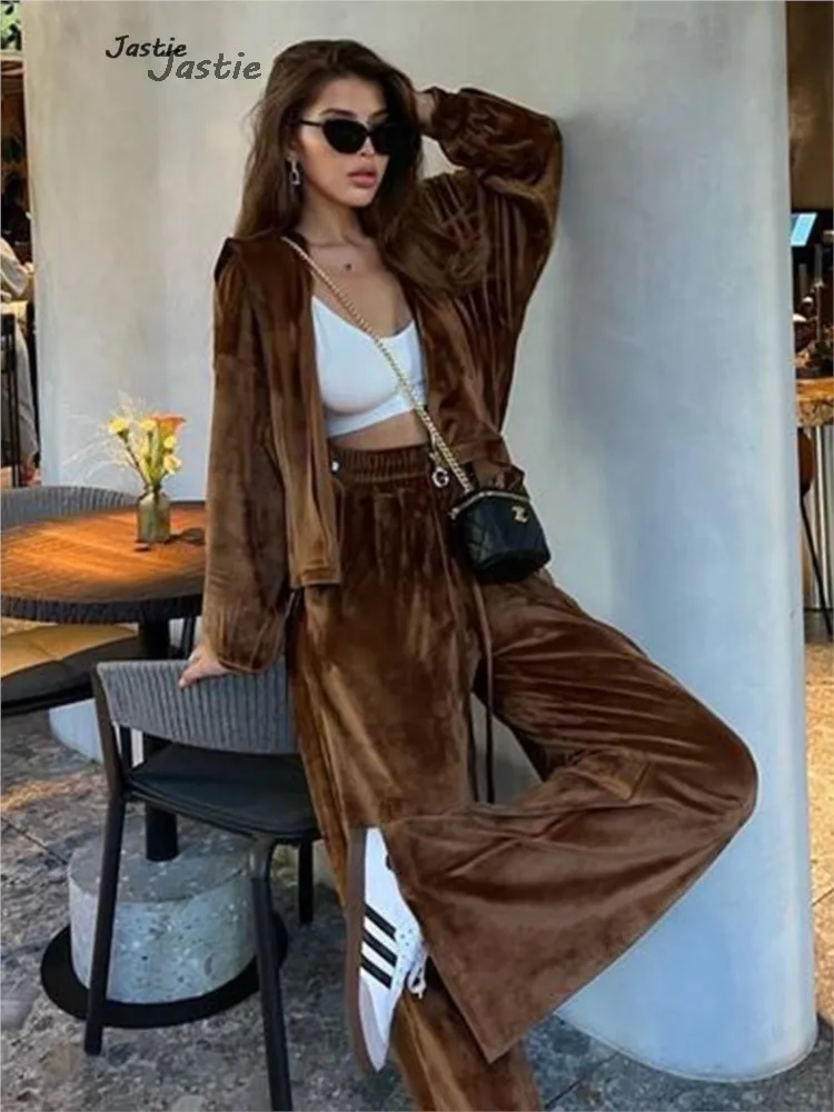 Cardigan Jacket Sweatershirt Elastic Waist Casual Pant Set For Women 2023 Autumn Casaul Wide Leg Trouser Hoodie Velvet Tracksuit