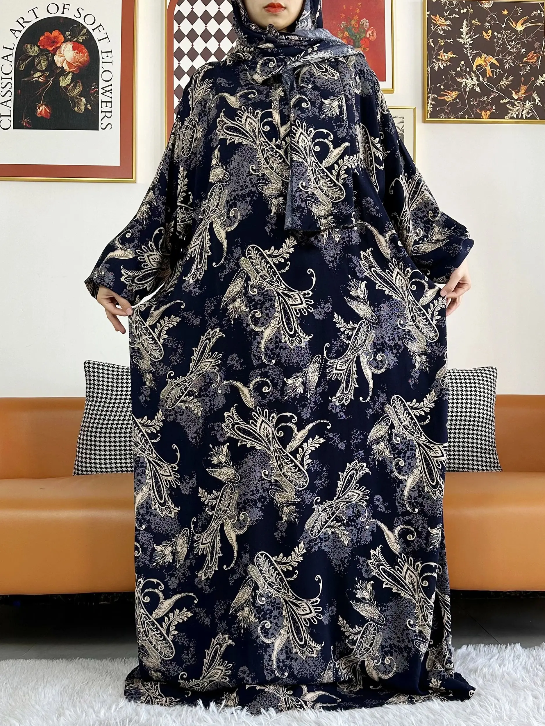 2025 มุสลิมผ้าฝ้าย Lady's Abayas Ramadan สวดมนต์เสื้อผ้าดูไบตุรกีตะวันออกกลาง Femme Robe หลวมแอฟริกัน Turban Joint