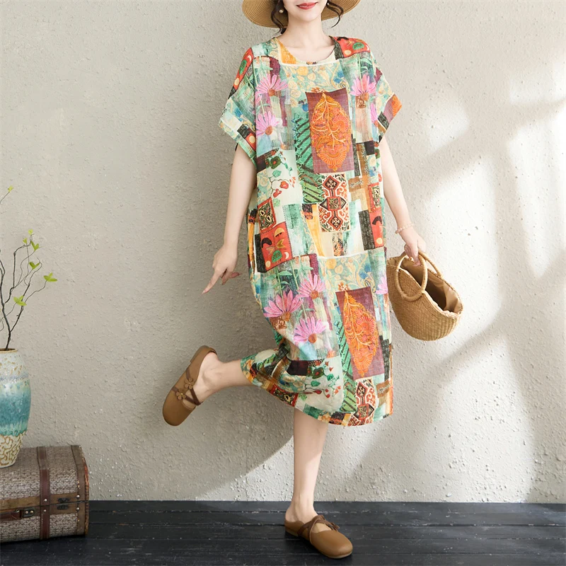 

Summer New Style Thin Cotton Twisted Artistic Women's Knee-Length Midi Dress Short Sleeve round Neck Loose Fit Citywalk Dress
