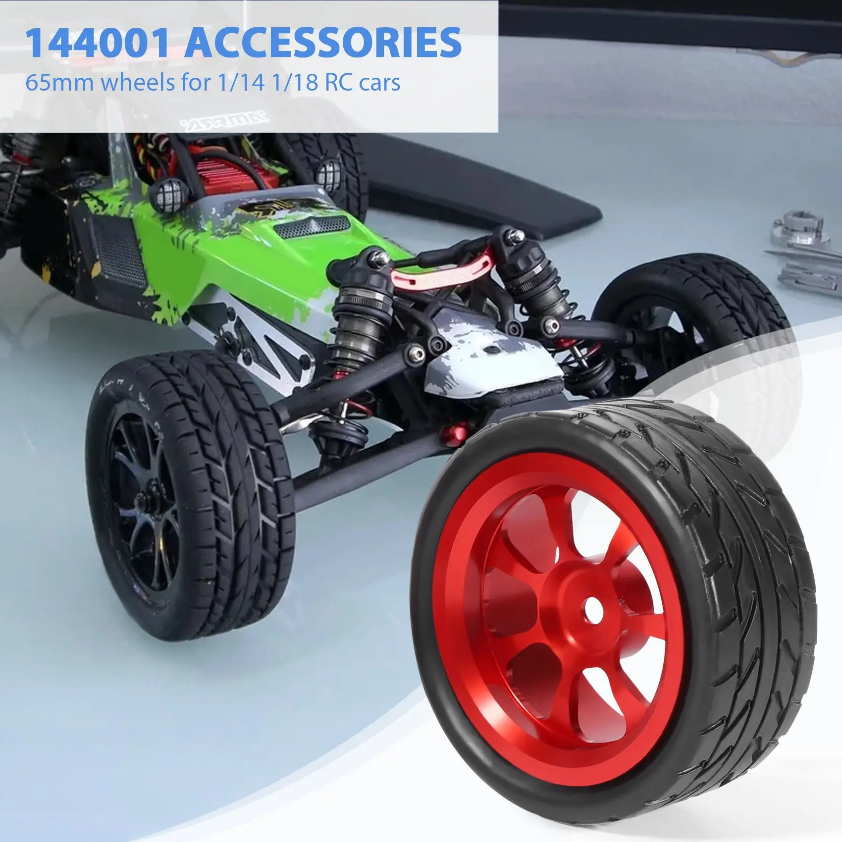 65mm Alloy Wheel Tire Tyre with Lengthened 12mm Combiner for Wltoys 144001 A959 A949 A969 A959B RC Car Parts,Red