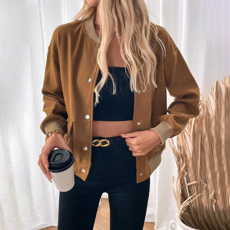Autumn Khaki Long Sleeve Women's Bomber Jacket Fashion Single Breasted Vintage Coat Tops Elegant Loose Basic Ladies Jackets