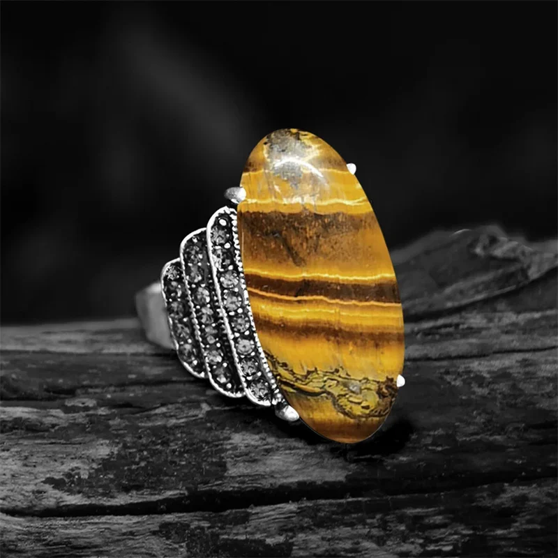 Vintage Eye Shape Natural Tiger Eye Rings For Women Antique Silver Plated Crystal Fashion Natural Stone Ring Free Shipping