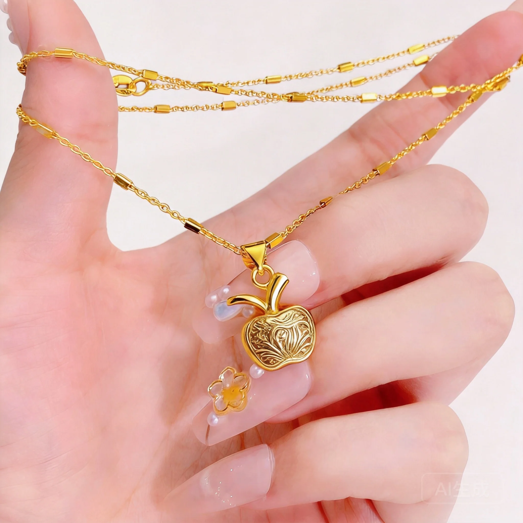 

Chinese Style Auspicious Lucky Blessing Gold Color Apple Pendant Necklace For Women Sand Gold Textured Box Chain Good Fortune