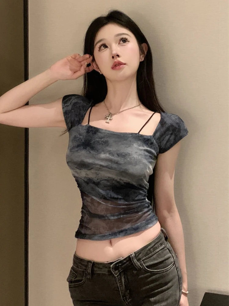 Gray Tie Dye T-shirts Women Korean Fashion Clothing Summer Thin Hotsweet Crop Tops Aesthetic Sexy Clubwear Chic Popular Harajuku