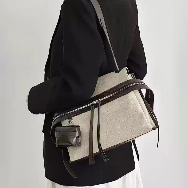 Women's Retro Canvas & Pu Leather Shoulder Bag Fashion Color-block Flap Handbag With Mini Coin Purse Dual-zipper Spacious Tote