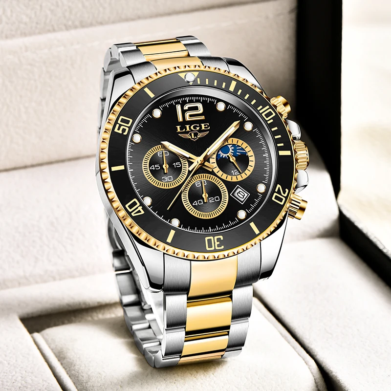 LIGE Wristwatch Men Watch Chronograph 24Hour Moon Phase Waterproof Sport Watches Male Fashion Quartz Watch Stainless Steel Clock