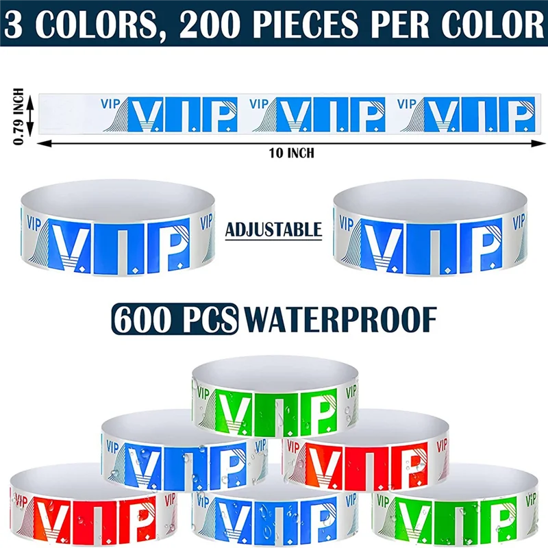 600 Pack VIP Wristbands for Events Waterproof VIP Wristbands VIP Paper Bracelets Wristbands for Party (Red, Blue, Green)