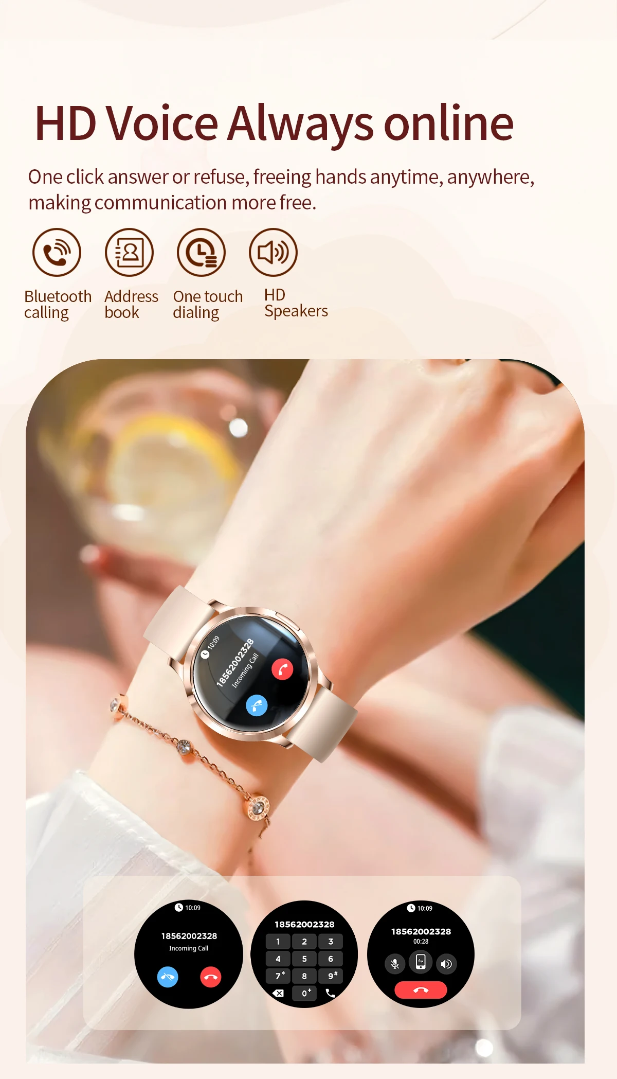 Neue Damen-Smartwatch, 1,32 Zoll, AMOLED, voller Touchscreen, Bluetooth-Anruf, Blutdruck, IP68, wasserdicht, NFC, 7,3 mm, ultradünnes Armband – Detail 5