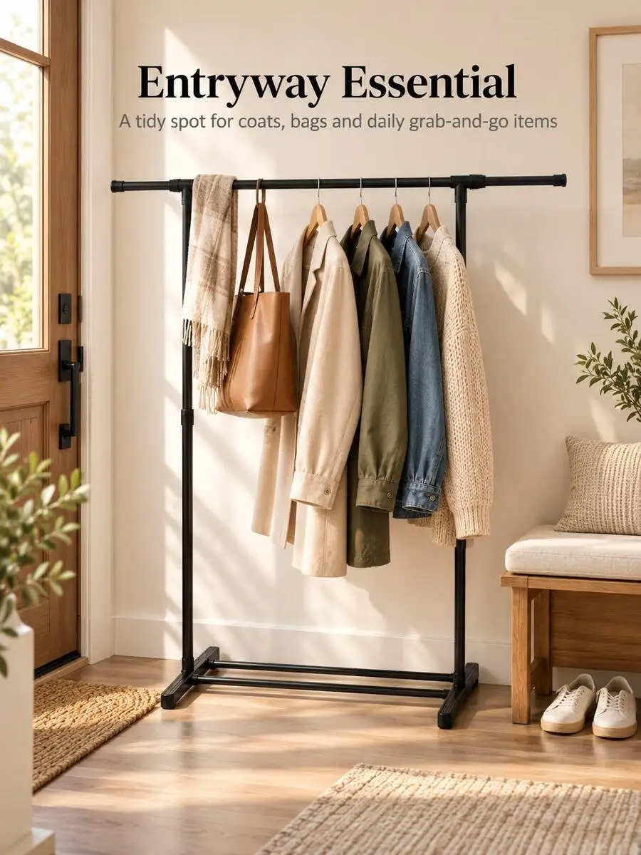 Black Multi-Functional Minimalist Freestanding Adjustable Clothing Rack With Expandable Hanging Rod, Minimalist Freestanding Gar