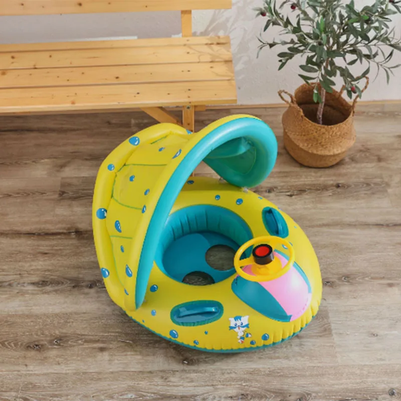 Parasol circular de natación para niños, anillo de asiento a rayas, anillo de asiento inflable para jugar en el agua con mango, flotador de natación para bebé