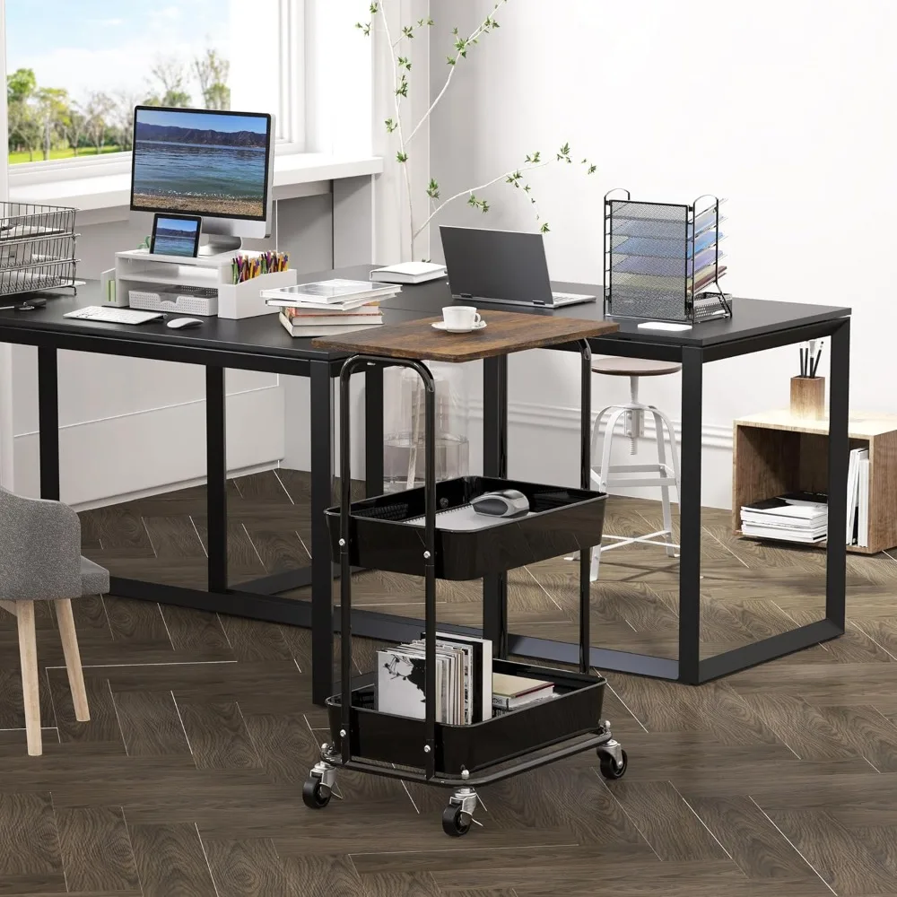 عربة أدوات دوارة بطبقتين مع عجلات قابلة للقفل وسطح خشبي - منظم تخزين المطبخ والحمام والمكتب