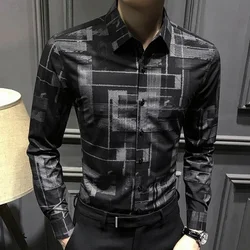 Camisa masculina com botão de lapela estampado, tops casuais grandes, camisas coreanas soltas, roupas elegantes que combina com tudo, novo, outono, 2023