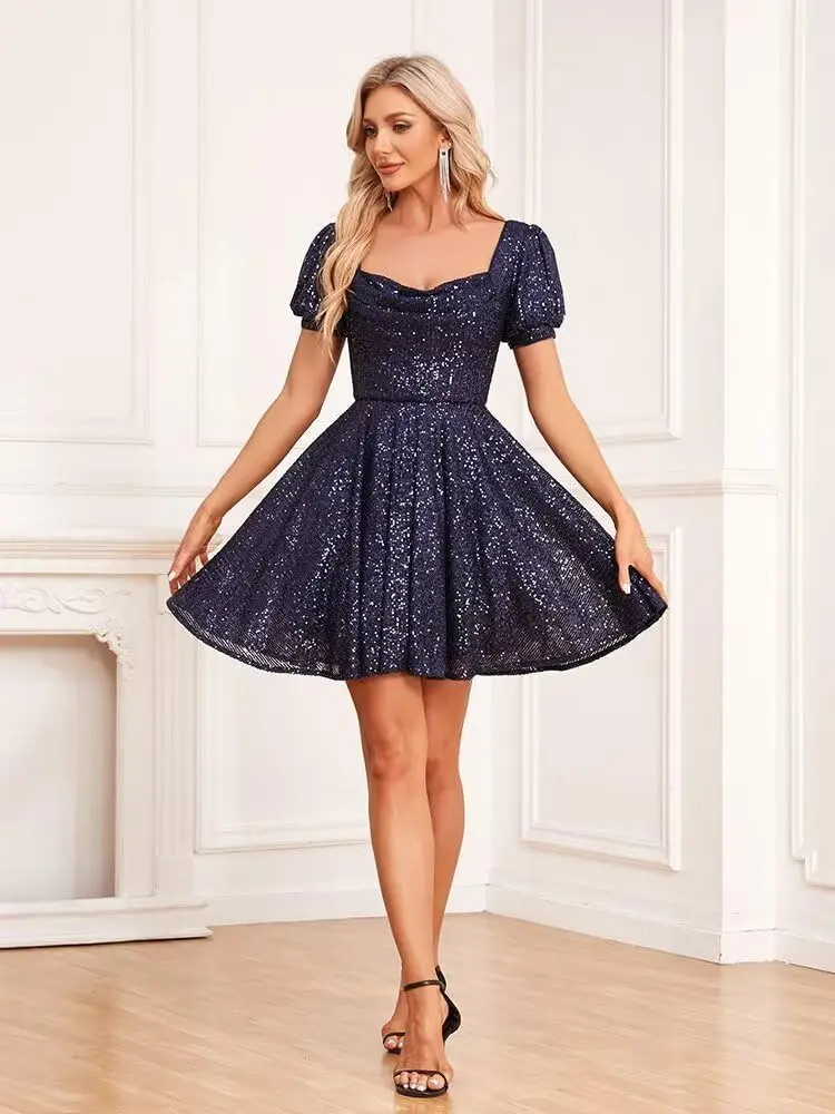 Youth Shiny Glitter Short Sleeve Mini Dress 2025 Back to School Formal Cocktail Party Evening Gown for Club Events