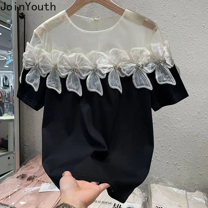 2023 Ropa Mujer Summer Tshirts for Women Elegant Blouses Short Sleeve Tees Patchwork Gauze Bead T Shirt Vintage Oversized Tops