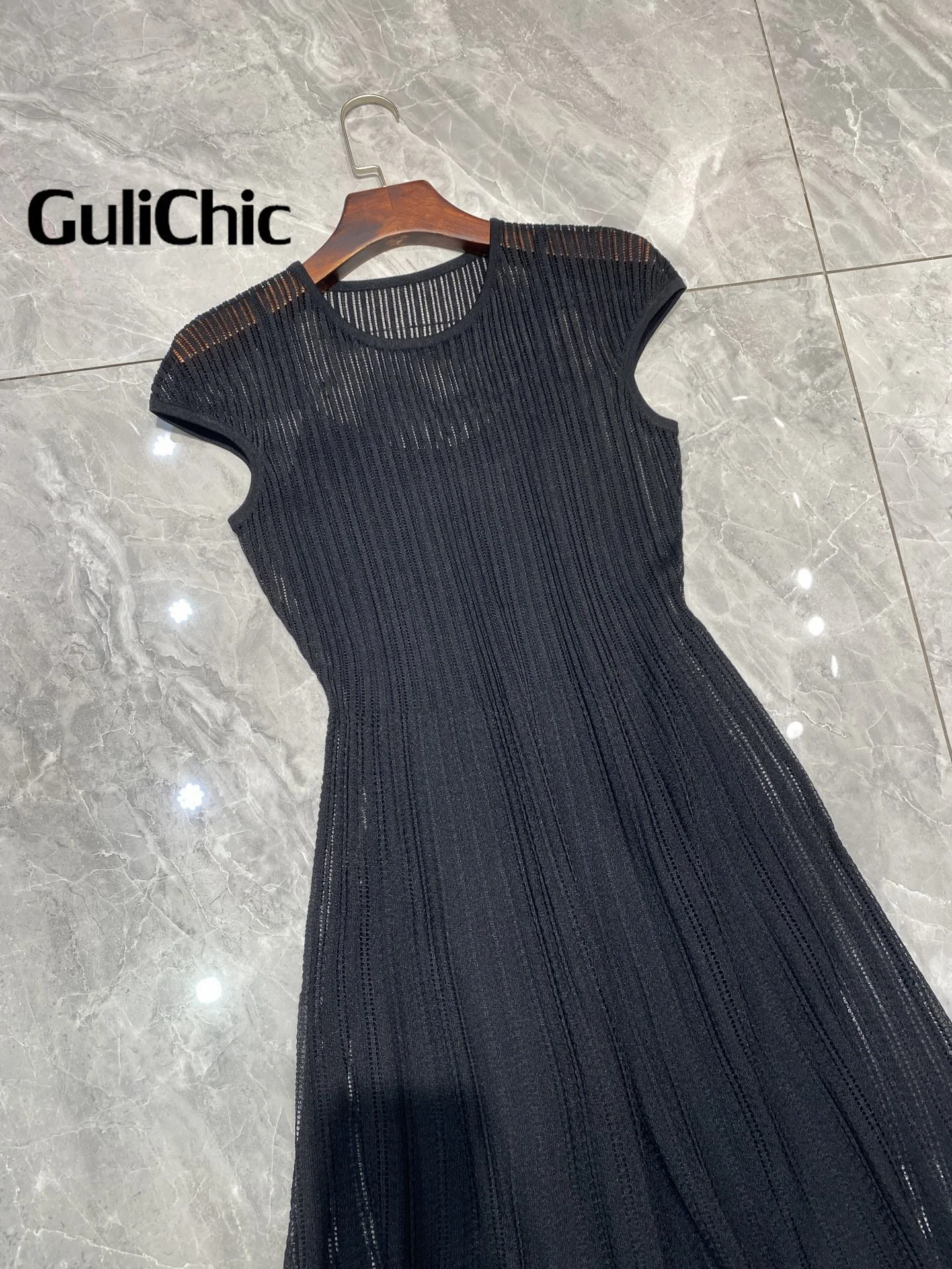 GuliChic-Women\'s Hollow Out Pleated Dress with Camisole Lining, O-Neck Cap-Sleeves, Elegant Dresses, Lady Fashion, High Quality,