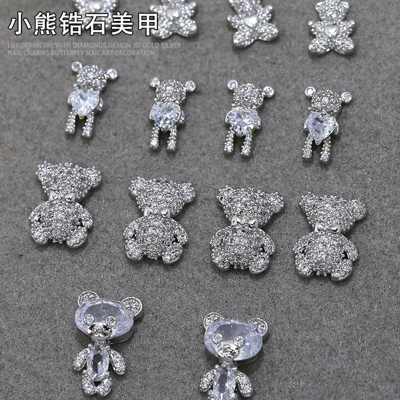 2PCS Luxury Sparkle Zircon Bear Full Diamond Love Bow Silver Gold Alloy Nail Art Rhinestones Jewel Decorations Manicure Charms