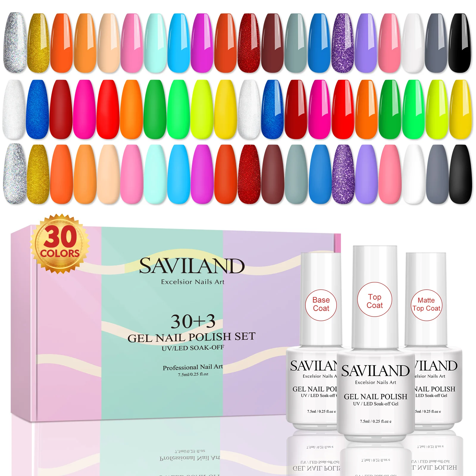 SAVILAND 33pcs Nail Gel Polish Kit Colorful Neon Glitter Sequins Gel Soak Off UV LED Gel Nail Art DIY Design Varnishes