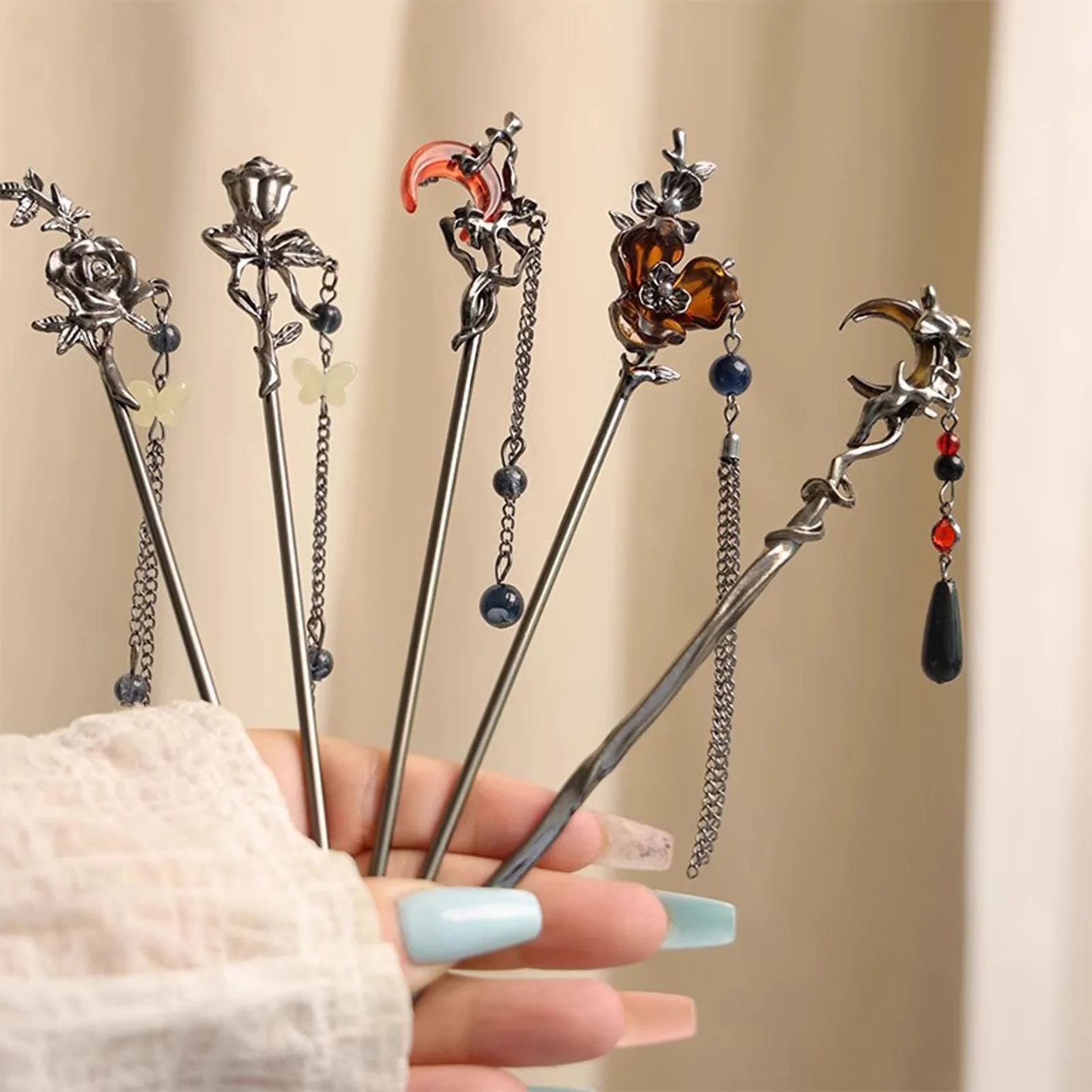 New Chinese Style Moonstone Tassel Hair Sticks for Women Vintage Metal Flower Hanfu Chopstick Hair Sticks Hair Accessories