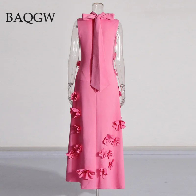 Designer New Spliced Appliques Elegant Dresses for Women Stand Collar Sleeveless High Waist Patchwork Zipper Long Dress Female