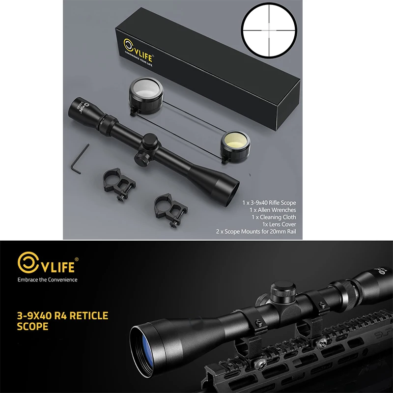 

CVLIFE 3-9x40 Rifle Scope R4 Reticle Crosshair Riflescope Optics Sight With 20mm Scope Mount for Picatinny Raill for Hunting