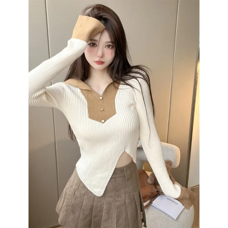 

Vintage Patchwork Turn-down Collar Women's Slim Thin Sweaters Spring Autumn New Fashion Asymmetrical Elastic Knitted Pullovers