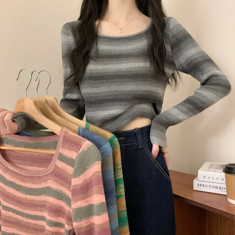 

Fashion Stripe Square Collar Knitted Sweater Women Y2K Trend Spicy Girl Cropped Pullovers Stretch Slimming Bottoming Shirts Lady
