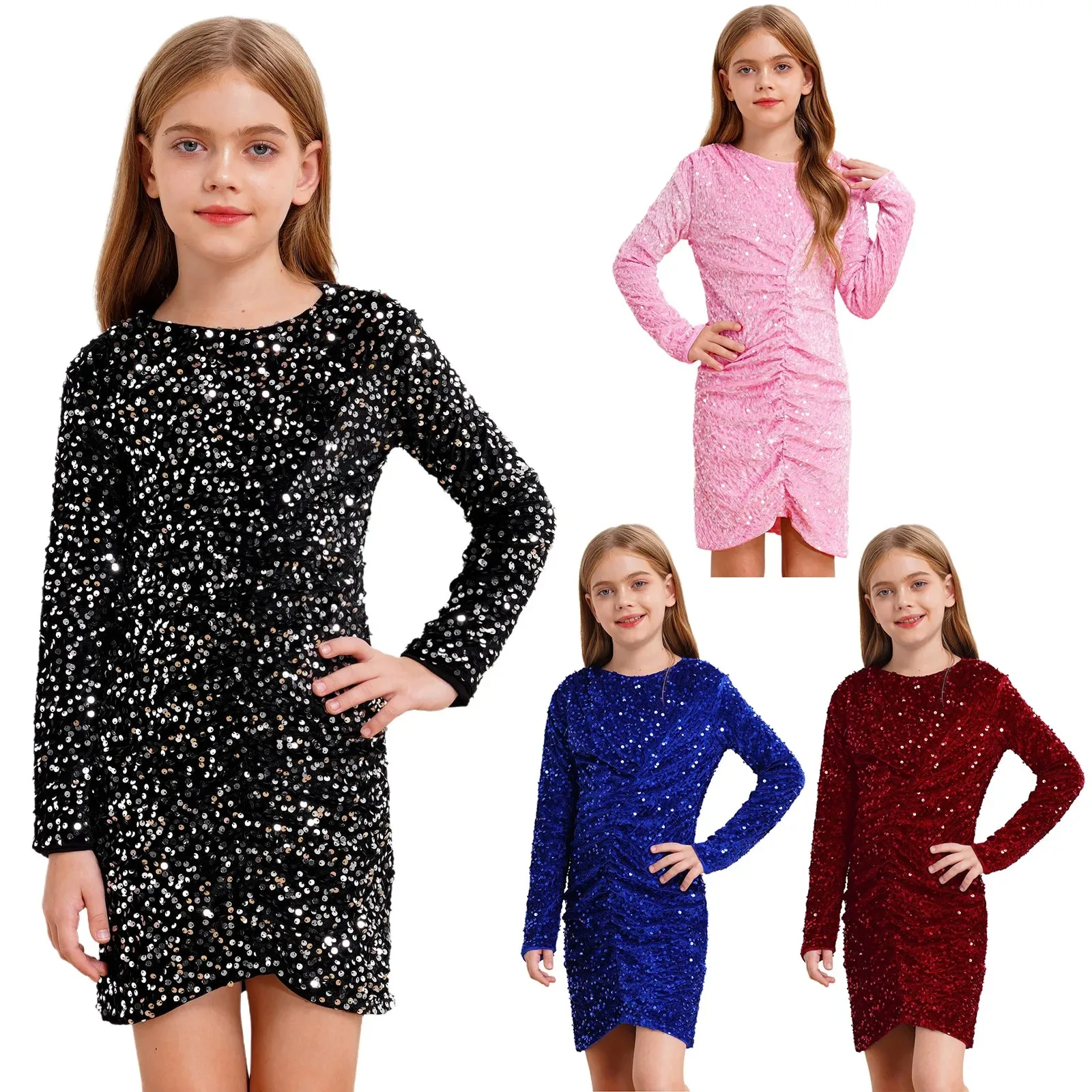 

Kids Girls Glitter Sequin Party Gown Performance Long Sleeve Velvet Dress Bodycon Dress for Birthday Proms Graduation Ceremony