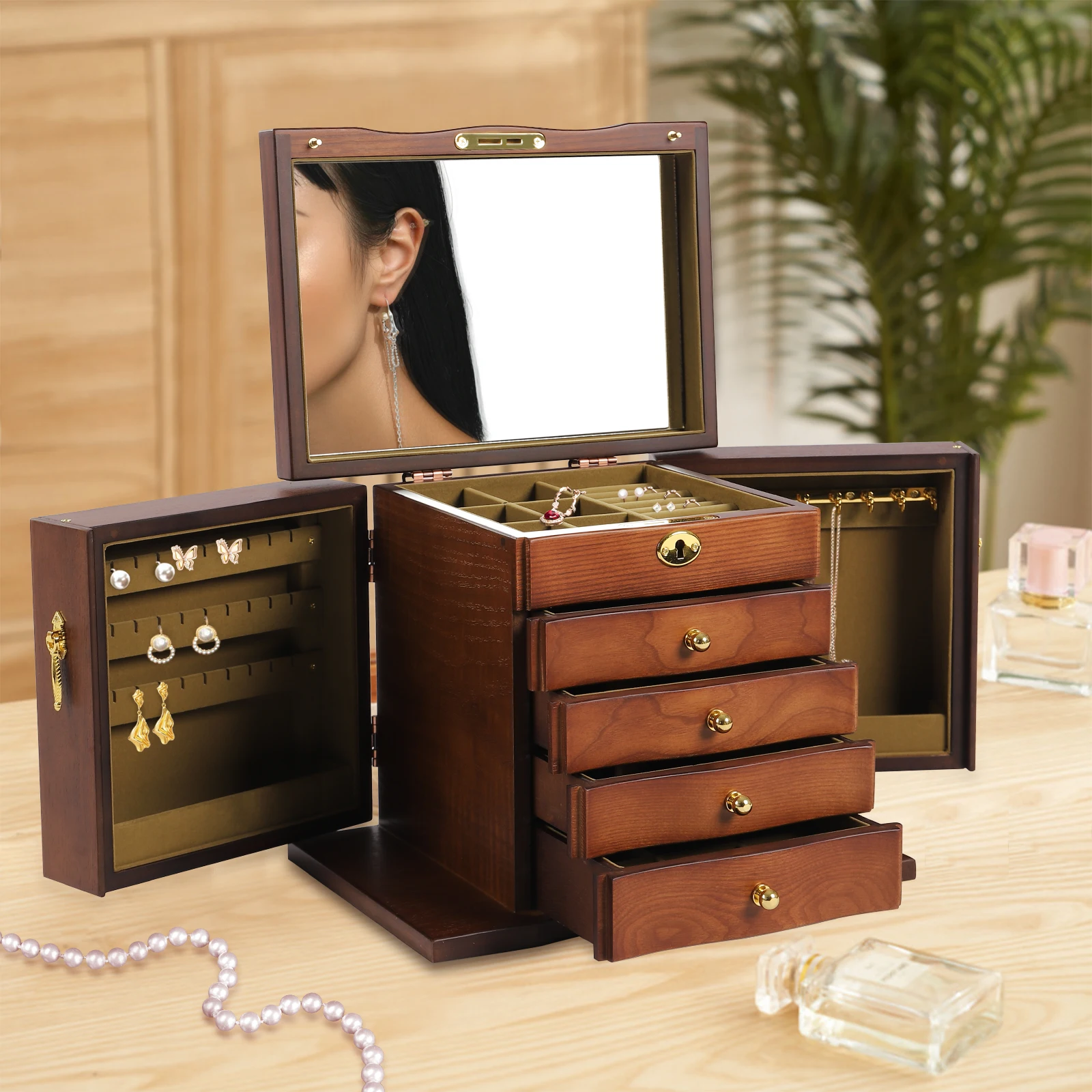 LOYALHEARTDY 5 Layer Portable Jewelry Case Jewelry Box Earrings Casket + Drawers