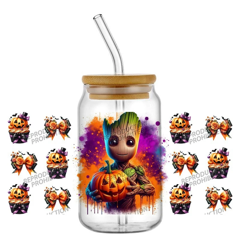 UV DTF Cup Wrap Halloween Pumpkin Lantern Tree Man Cartoon DTF Libbey Wraps Transfers 16oz Custom UV DTF Skinny Tumbler Stickers