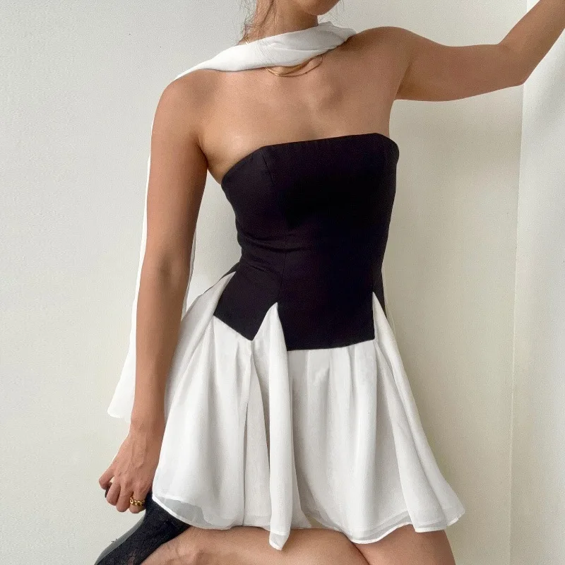 

Tuularose Elegant Pleated Dress Set Sexy Strapless Scarf Ribbon Top Slim Skirt Set Fashion Party Looks Luxury Women Dress Set