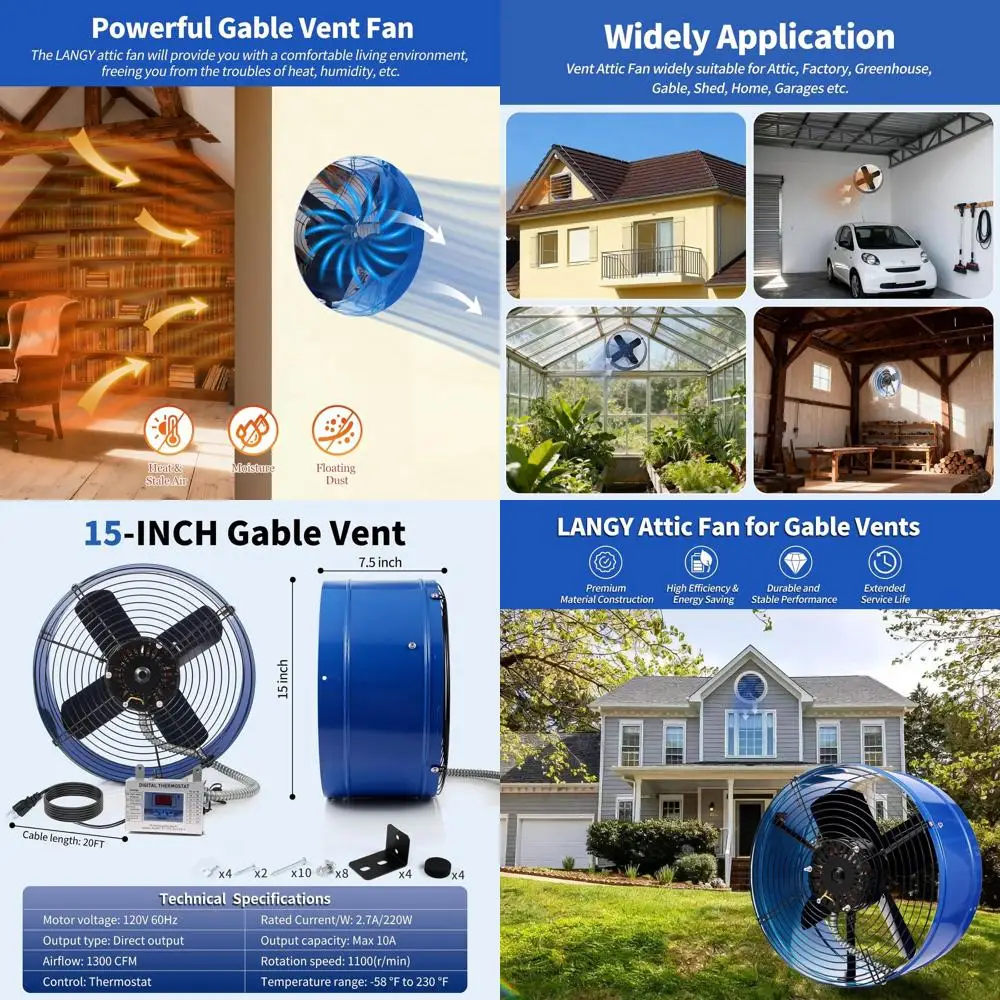 

Вентилятор на чердаке с креплением Gable 15 с термостатом, вентиляционная вытяжка объемом 1300 куб. футов, шнур 20 футов для навесов и дома