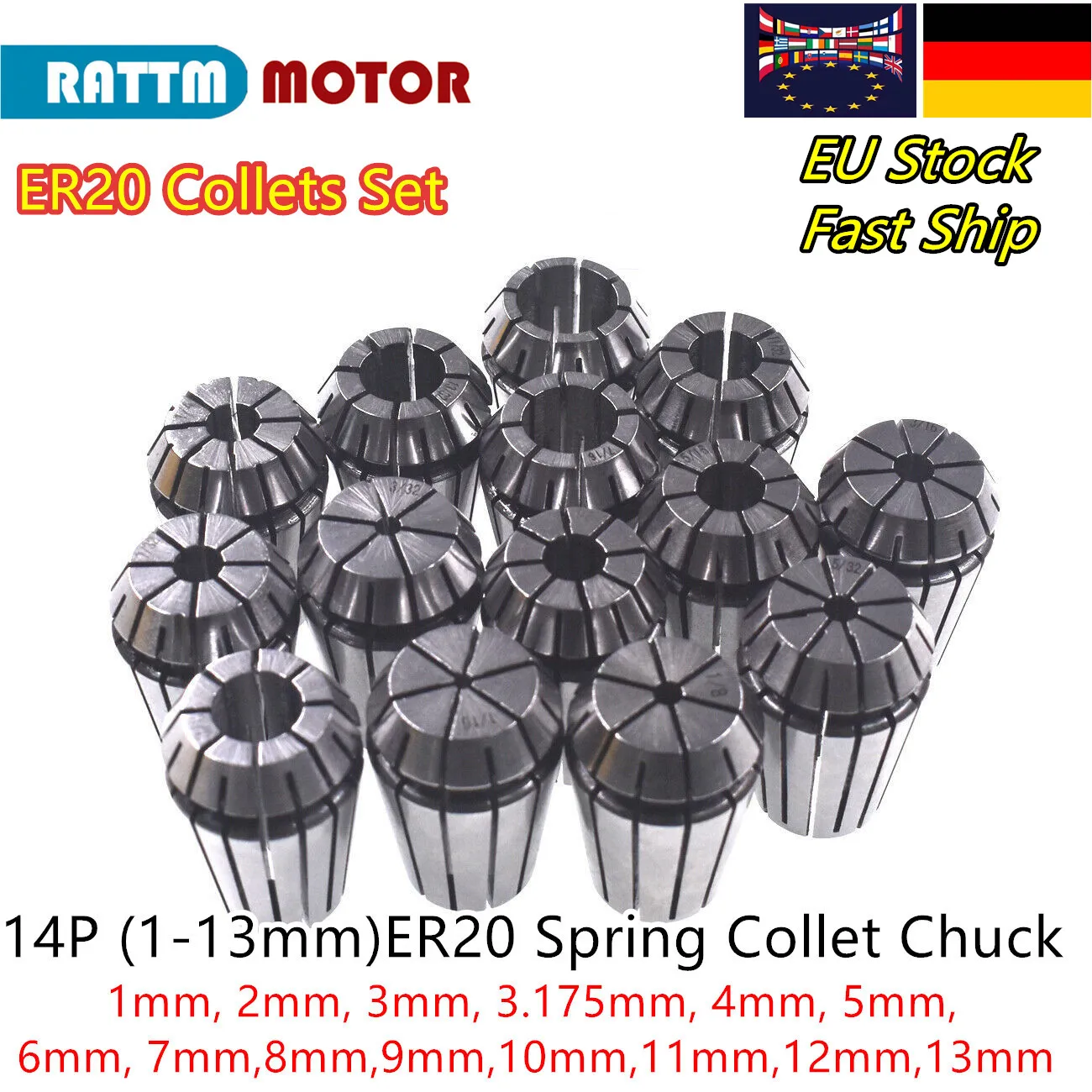 【EU/RU on sale】1 set ER20(1-13mm) 14pcs collet beating 0.1mm precision spring collet for CNC milling lathe tool, spindle motor