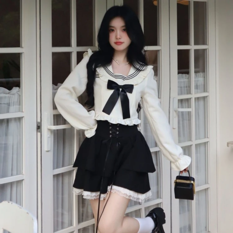 Kawaii Sailor Collar Bow Fungus Long Sleeve Tops Women+ Y2k E-Girl High Waist Lace Black Skirts Summer Sweet Two Piece Sets