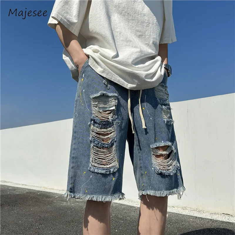 

Knee-length Jeans Men Casual Loose Streetwear Hole Summer Raw Edge American Style Teenagers All-match Breathable Fashion