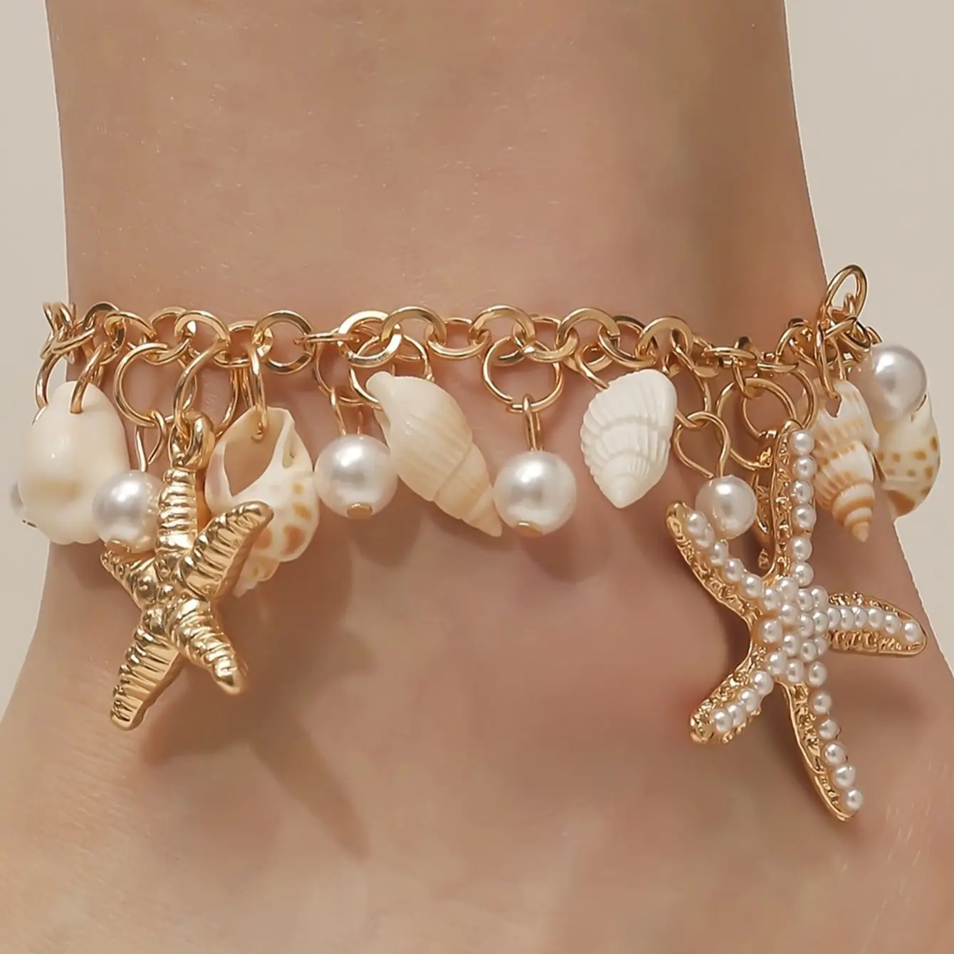 1 Piece Ocean Series White Glass Pearl Starfish Snail Ankle Ankle Anklet Women Exaggerated Bohemian Beach Seaside Travel Leisure