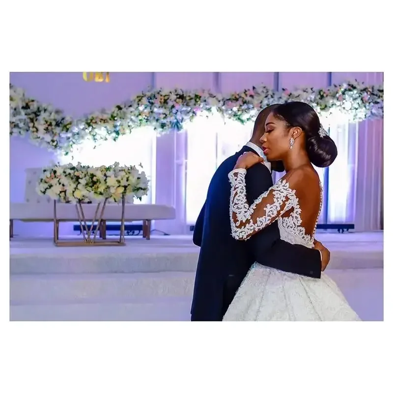 Customize New Luxury Long Sleeve Ball Gown Wedding Dress Illusion Top Pearl Beaded Lace Bridal Gown Vestido De Noiva 2023